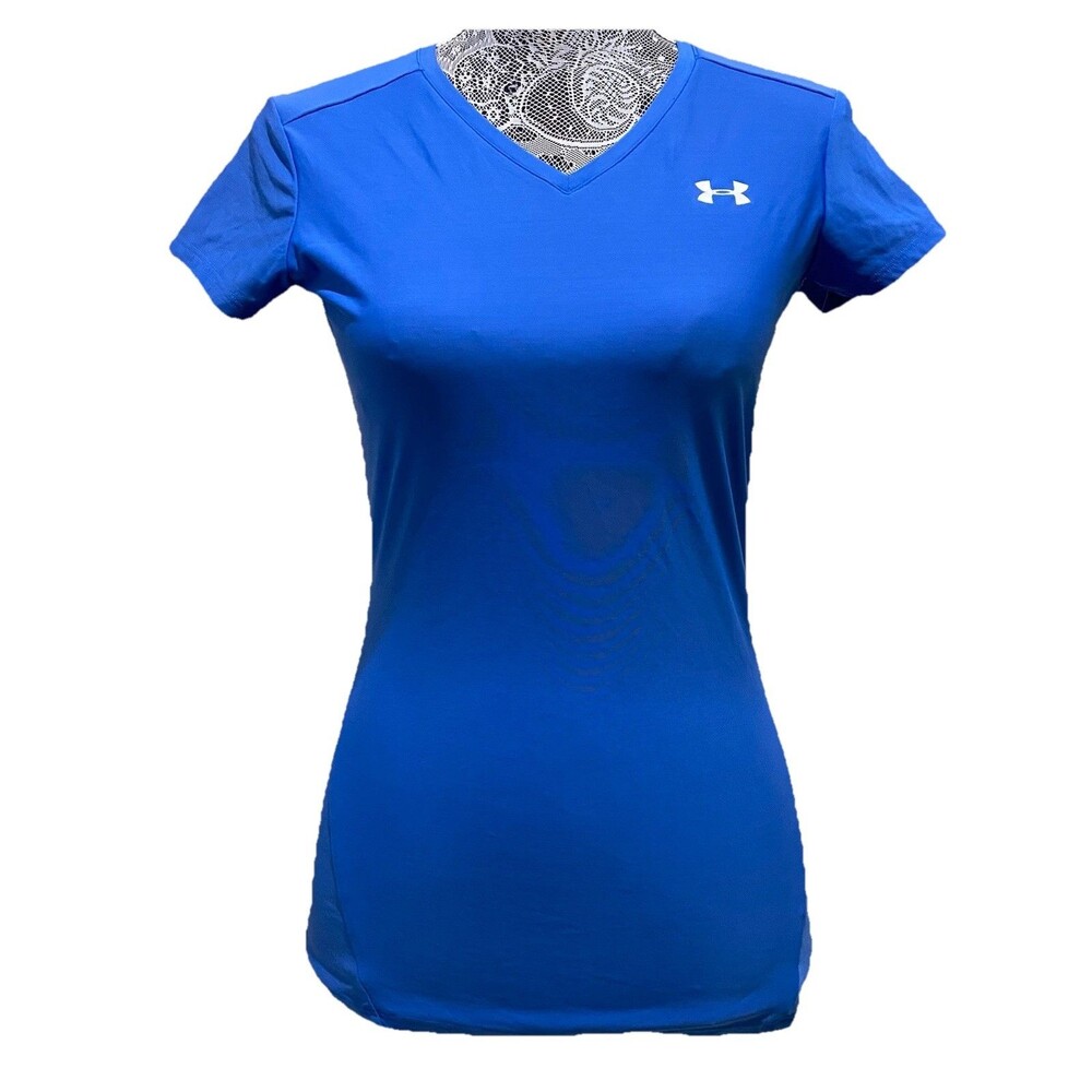 Under Armour HeatGear Womens Blue Fitted V Neck Athletic Training Shirt Tee M